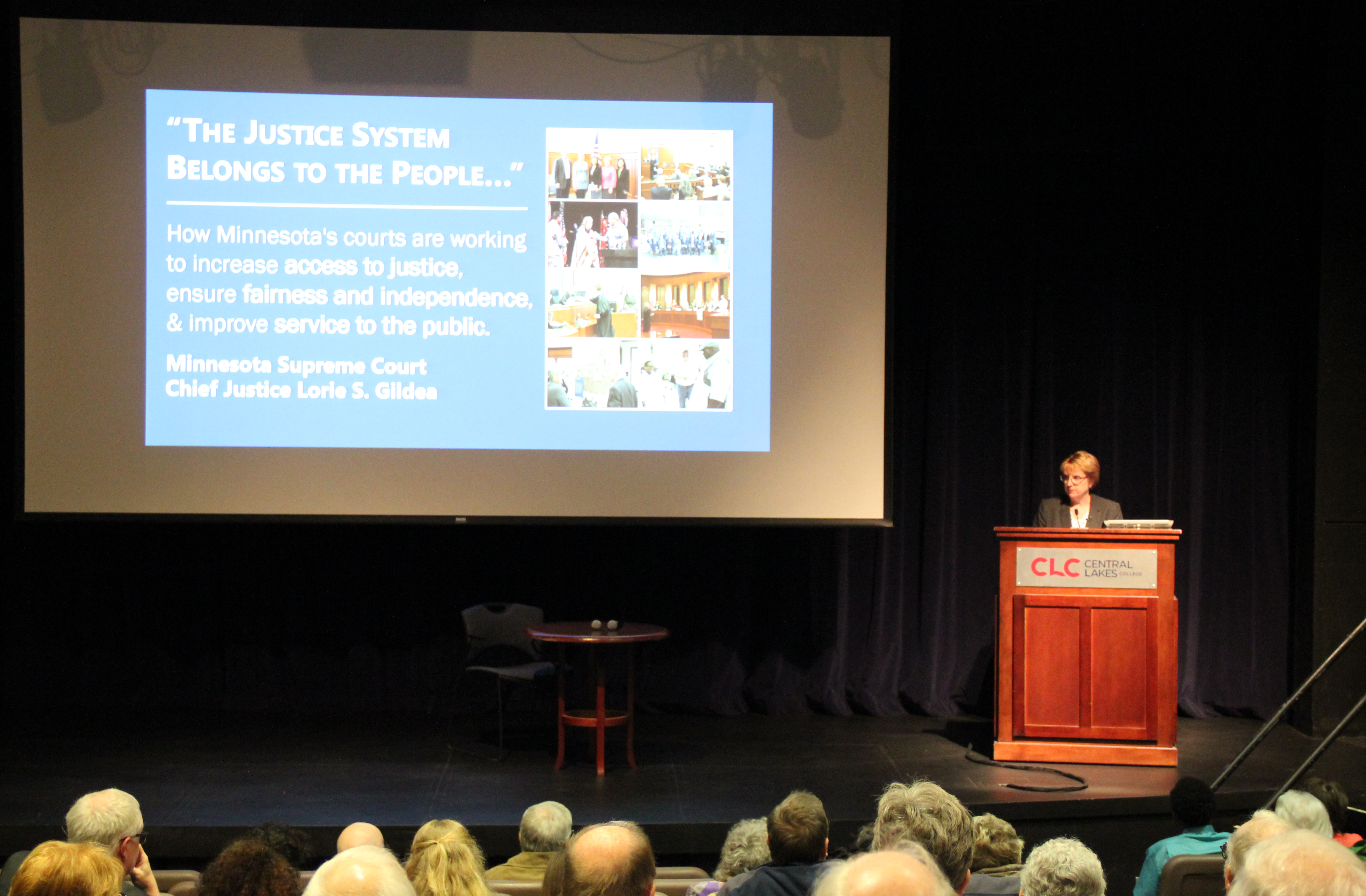 Chief Justice Lorie Gildea speaks in front of a crowd at Central Lakes College in Brainerd, Minnesota.