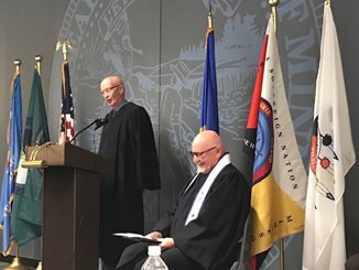 June 25, 2019 ceremony where four Dakota Communities gave tribal flags to Hennepin and Scott County District Courts.