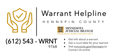Warrant Helpline Logo and phone number 612-543-9768
