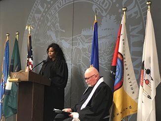 June 25, 2019 ceremony where four Dakota Communities gave tribal flags to Hennepin and Scott County District Courts.