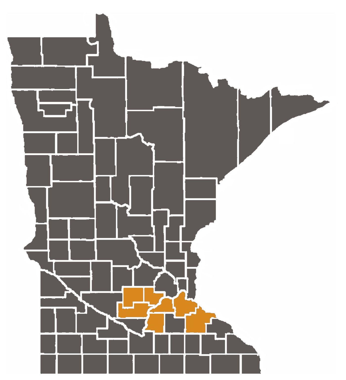 Map of Minnesota with First Judicial District counties highlighted